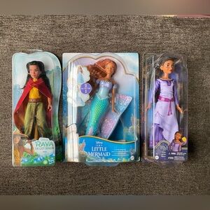Disney RAYA The Last Dragon, ASHA Wish, ARIEL The Little Mermaid Dolls NEW